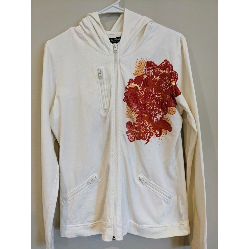 Buffalo David Bitton Women's Y2K Embroidered Zip Up Hoodie Off White Medium Vtg